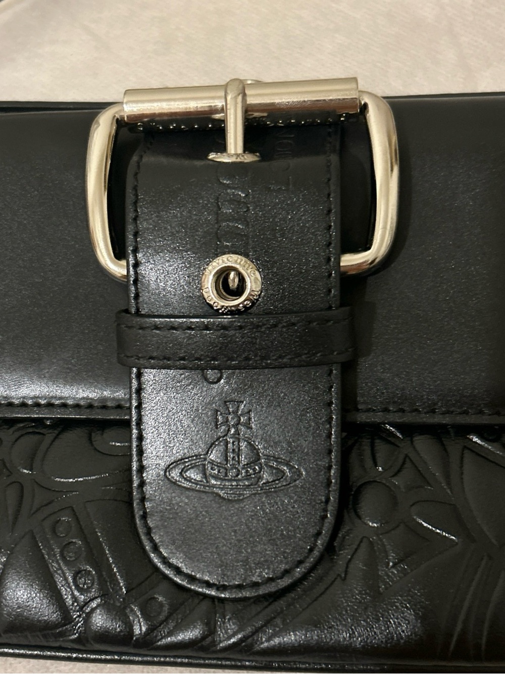 Vivienne Westwood Black Leather Crossbody with Embossed Detail and Silver Buckle - Picture 2 of 8